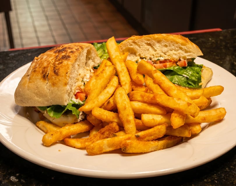 A ciabatta sandwich with lettuce, tomato, and creamy filling, served with a pile of golden french fries.